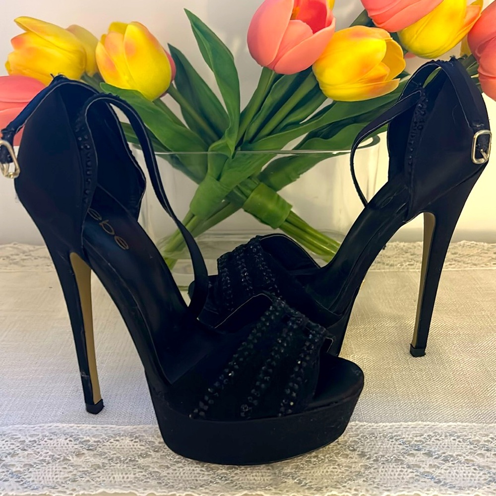 BeBe Black Platform Rhinestone Heel